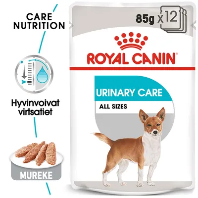 Royal Canin Urinary Care All Sizes koiran märkäruoka, 85 g x12. Hyvinvoivat virtsatiet, mureke. Pakkauskuvassa koira ja tuotetiedot. Royal Canin Urinary Care All Sizes koiran märkäruoka, 85 g x12. Hyvinvoivat virtsatiet, mureke. Pakkauskuvassa koira ja tuotetiedot.