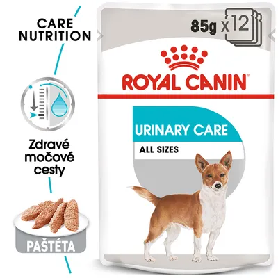 Royal Canin Urinary Care All Sizes, 85 g x12, paštéta pre psy. Text: Zdravé močové cesty, Care Nutrition. Ilustrácia psa a paštéty na obale. Royal Canin Urinary Care All Sizes, 85 g x12, paštéta pre psy. Text: Zdravé močové cesty, Care Nutrition. Ilustrácia psa a paštéty na obale.