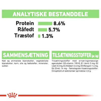 Analytiske bestanddele: protein 8,6 %, råfedt 5,7 %, træstof 1,3 %. Sammensætning: kød og animalske biprodukter, vegetabilske biprodukter, korn, olie og fedtstoffer, mineraler, sukker. Tilsætningsstoffer pr. kg: D3-vitamin 190 IE, E1 (jern) 5 mg, E2 (jod) 0,3 mg, E4 (kobber) 2,4 mg, E5 (mangan) 1,4 mg, E6 (zink) 14 mg, clinoptilolit 2,2 g.