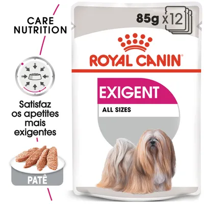 Royal Canin Exigent All Sizes, patê para cães, embalagem de 85 g x12. Texto visível: Care Nutrition, Satisfaz os apetites mais exigentes, Patê.