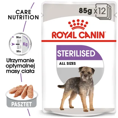 ROYAL CANIN STERILISED ALL SIZES, 85 g x12, pasztet dla psa. Utrzymanie optymalnej masy ciała. Care Nutrition. Zdjęcie psa na opakowaniu.