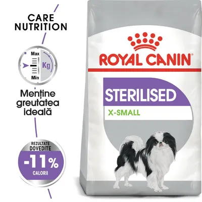 Pachet Royal Canin Sterilised X-Small, imagine cu câine mic, text: Menține greutatea ideală, rezultate dovedite -11% calorii, Care Nutrition.