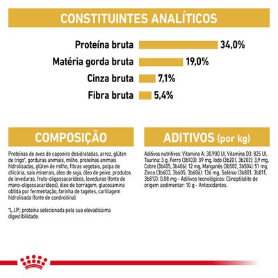 Constituintes analíticos: proteína bruta 34 %, matéria gorda bruta 19 %, cinza bruta 7,1 %, fibra bruta 5,4 %. Composição e aditivos detalhados visíveis na imagem.