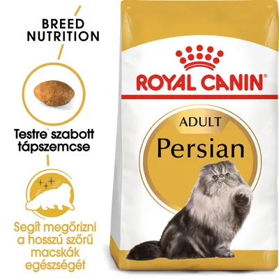 Royal Canin Adult Persian macskatáp csomagolás, testre szabott tápszemcse, segít megőrizni a hosszú szőrű macskák egészségét felirattal.