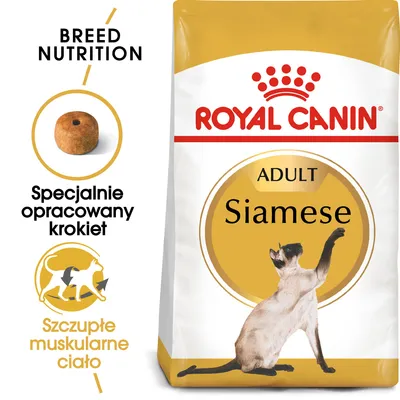 Royal Canin ADULT Siamese, specjalnie opracowany krokiet, szczupłe muskularne ciało. Widoczny kot syjamski na opakowaniu.
