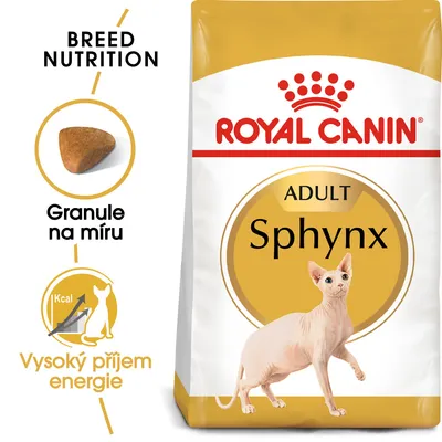 Balení krmiva ROYAL CANIN ADULT Sphynx, obrázek granule, text: Granule na míru, Vysoký příjem energie, BREED NUTRITION.