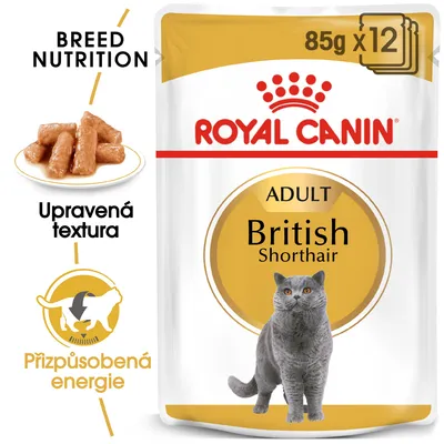 ROYAL CANIN ADULT British Shorthair, 85g x12. Upravená textura. Přizpůsobená energie. Na obalu obrázek britské krátkosrsté kočky.