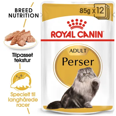Royal Canin ADULT Perser 85 g x 12. Tilpasset tekstur. Specielt til langhårede racer. Billede af perserkat og vådfoderstykker på tallerken.