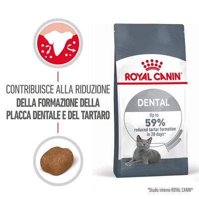 ROYAL CANIN DENTAL per gatti, contribuisce alla riduzione della formazione della placca dentale e del tartaro fino al 59% in 28 giorni. Immagine crocchetta e dente stilizzato.