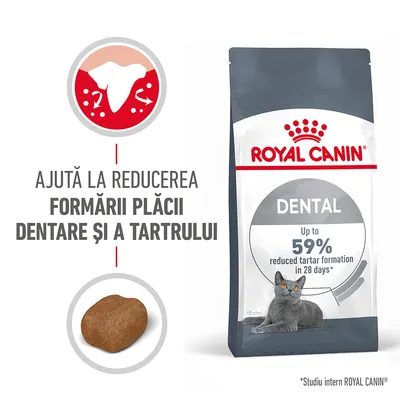 Pachet Royal Canin Dental pentru pisici, text vizibil: ajută la reducerea formării plăcii dentare și a tartrului, până la 59% reducere în 28 de zile. Imaginea conține o bobiță și o pisică.