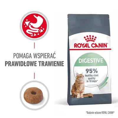ROYAL CANIN DIGESTIVE, pomaga wspierać prawidłowe trawienie, 95% healthy stool quality in 10 days, widoczna granulka karmy i kot. Tekst w języku angielskim.