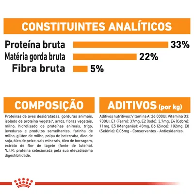 Constituintes analíticos: proteína bruta 33 %, matéria gorda bruta 22 %, fibra bruta 5 %. Composição e aditivos detalhados, incluindo vitaminas, minerais e ingredientes principais.