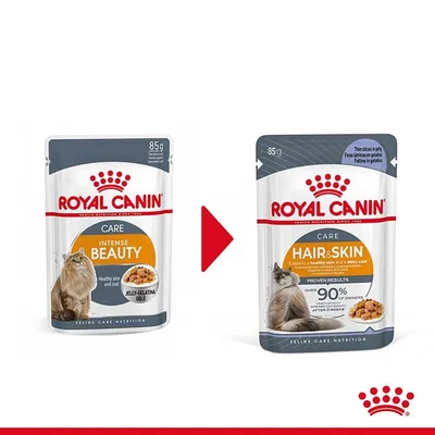 Промяна на опаковката: Royal Canin Intense Beauty 85 г става Royal Canin Hair & Skin 85 г. Видими са двете опаковки с котка и храна в желе, както и основните надписи. Промяна на опаковката: Royal Canin Intense Beauty 85 г става Royal Canin Hair & Skin 85 г. Видими са двете опаковки с котка и храна в желе, както и основните надписи.