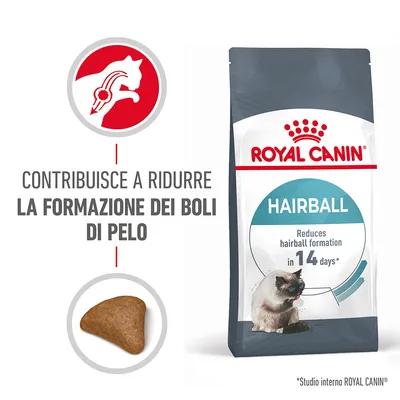 ROYAL CANIN Hairball, sacchetto con scritta 'Contribuisce a ridurre la formazione dei boli di pelo', crocchetta e gatto illustrati. Testo in inglese: 'Reduces hairball formation in 14 days'.