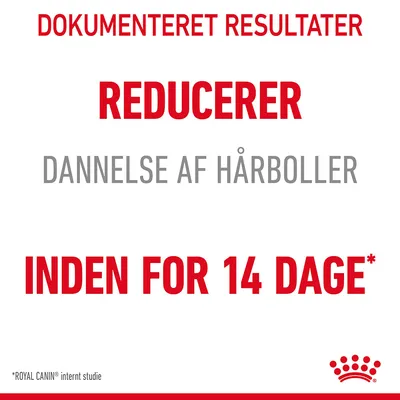 Dokumenteret resultater. Reducerer dannelse af hårboller inden for 14 dage. Royal Canin internt studie.