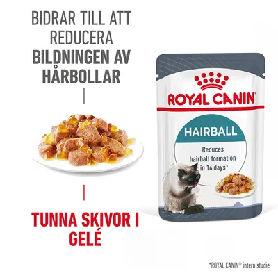 Royal Canin Hairball våtfoder för katt, text: Bidrar till att reducera bildningen av hårbollar, tunna skivor i gelé, förpackning och tallrik med foder synliga. Royal Canin Hairball våtfoder för katt, text: Bidrar till att reducera bildningen av hårbollar, tunna skivor i gelé, förpackning och tallrik med foder synliga.
