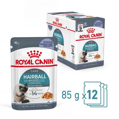 Royal Canin Hairball Care kapsičky pro kočky, balení 12×85 g. Na obalu text: Helps reduce hairball formation, reduces hairball formation in 14 days.