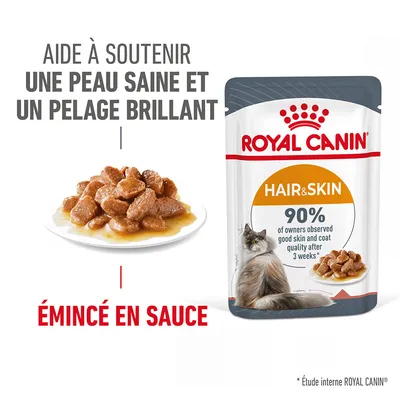ROYAL CANIN Hair & Skin émincé en sauce pour chat, aide à soutenir une peau saine et un pelage brillant, 90 % des propriétaires ont observé une amélioration après 3 semaines (texte en anglais). ROYAL CANIN Hair & Skin émincé en sauce pour chat, aide à soutenir une peau saine et un pelage brillant, 90 % des propriétaires ont observé une amélioration après 3 semaines (texte en anglais).