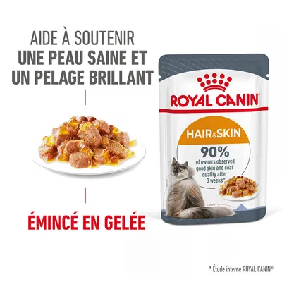 ROYAL CANIN HAIR & SKIN émincé en gelée pour chat, aide à soutenir une peau saine et un pelage brillant, 90 % des propriétaires ont observé une amélioration après 3 semaines (texte en anglais)