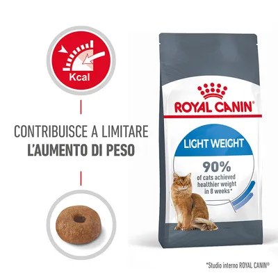 ROYAL CANIN Light Weight, sacco con gatto, scritta: contribuisce a limitare l’aumento di peso, 90% of cats achieved healthier weight in 8 weeks, crocchetta tonda, simbolo Kcal ridotte.