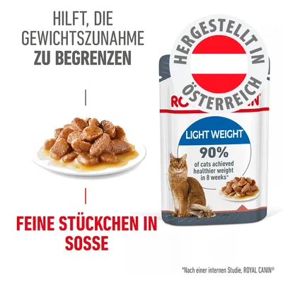 Hilft, die Gewichtszunahme zu begrenzen. Hergestellt in Österreich. Feine Stückchen in Soße. Light Weight: 90% of cats achieved healthier weight in 8 weeks.