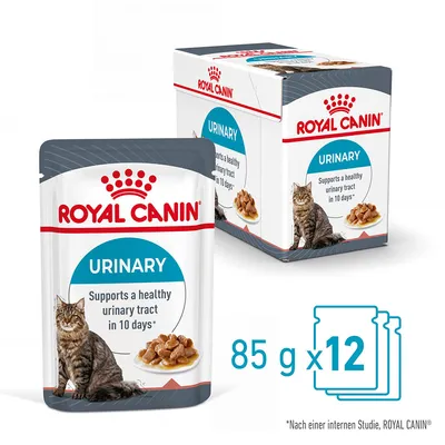 ROYAL CANIN URINARY, sachet et boîte visibles, texte en anglais : Supports a healthy urinary tract in 10 days*, lot de 12 x 85 g pour chat. Texte allemand en bas à droite.