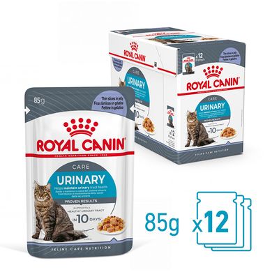 Royal Canin Urinary Care kattenvoer, 12 zakjes van 85g. Tekst op verpakking: 'Helpt de urinewegen gezond te houden', 'Bewezen resultaten in 10 dagen'.