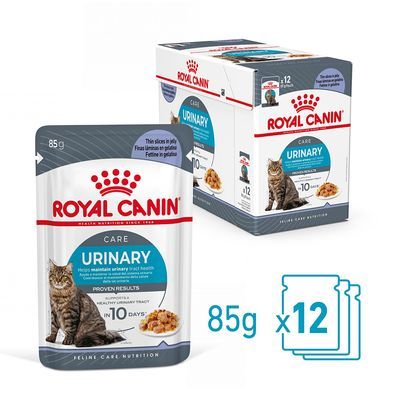 Royal Canin Care Urinary kattenvoer, 12 zakjes van 85g. Op verpakking: 'Helpt de urinewegen gezond te houden', afbeelding kat en voer in gelei.