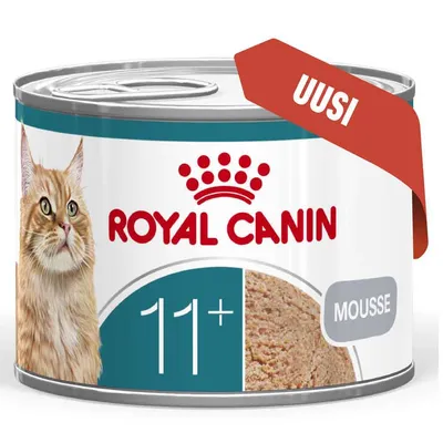ROYAL CANIN 11+ Mousse, kuva kissasta, punainen etiketti, jossa lukee 'UUSI' purkissa. ROYAL CANIN 11+ Mousse, kuva kissasta, punainen etiketti, jossa lukee 'UUSI' purkissa.