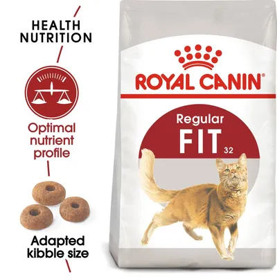 Product image showing Royal Canin Regular Fit 32 with highlights: optimal nutrient profile, adapted kibble size, and health nutrition benefits.