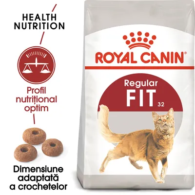 Pachet Royal Canin Regular Fit 32, imagine cu crochete, text: Health Nutrition, Profil nutrițional optim, Dimensiune adaptată a crochetelor.