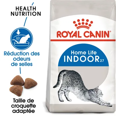 Royal Canin Home Life Indoor 27, réduction des odeurs de selles, taille de croquette adaptée, image d’un chat et croquettes visibles sur l’emballage.