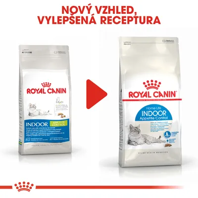 Porovnání starého a nového balení krmiva Royal Canin Indoor Appetite Control pro kočky. Nápis: Nový vzhled, vylepšená receptura.