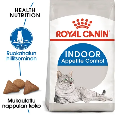 Royal Canin INDOOR Appetite Control kissanruokapakkaus, tekstit: Health Nutrition, Ruokahalun hillitseminen, Mukautettu nappulan koko. Kuvassa myös kolme nappulaa ja kissa.