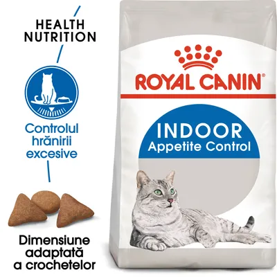 Pachet Royal Canin Indoor Appetite Control, imagine cu pisică, crochete vizibile, text: Health Nutrition, Controlul hrănirii excesive, Dimensiune adaptată a crochetelor.