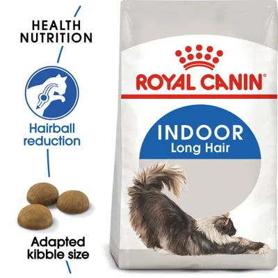 Indoor Long Hair food with hairball reduction and adapted kibble size features shown on packaging, including illustration of stretching long-haired cat and three pieces of kibble.