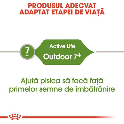 Produsul adecvat adaptat etapei de viață. Active Life Outdoor 7+. 7 ani. Ajută pisica să facă față primelor semne de îmbătrânire.