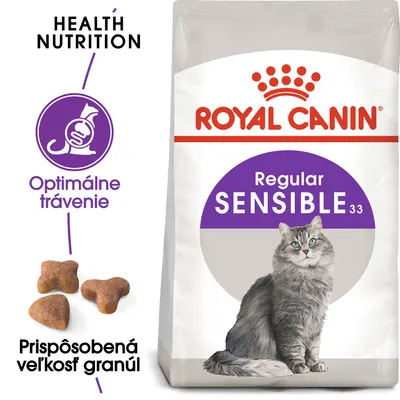 ROYAL CANIN Regular SENSIBLE 33, optimálne trávenie, prispôsobená veľkosť granúl, obrázok mačky a tvaru granúl na obale. ROYAL CANIN Regular SENSIBLE 33, optimálne trávenie, prispôsobená veľkosť granúl, obrázok mačky a tvaru granúl na obale.
