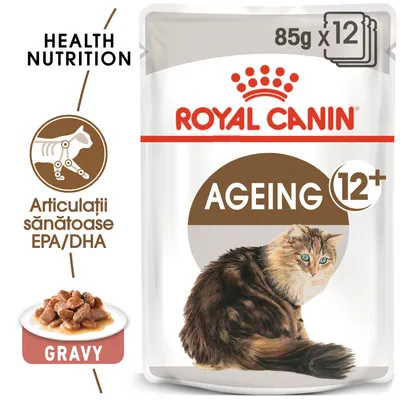 ROYAL CANIN AGEING 12+, 85g x12, hrană umedă pentru pisici, gravy. Articulații sănătoase EPA/DHA. Imagine cu o pisică și porție de hrană pe farfurie.