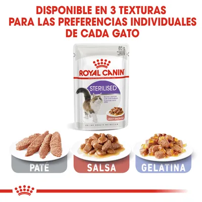 Royal Canin Sterilised disponible en 3 texturas: paté, salsa y gelatina. Imagen del envase de 85 g y ejemplos visuales de cada textura para gatos esterilizados.