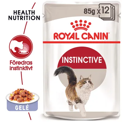 Royal Canin Instinctive kattmat i gelé, 85 g x 12. Text: Health Nutrition, Föredras instinktivt, GELÉ. Bild på katt och bitar av kattmat i gelé. Royal Canin Instinctive kattmat i gelé, 85 g x 12. Text: Health Nutrition, Föredras instinktivt, GELÉ. Bild på katt och bitar av kattmat i gelé.