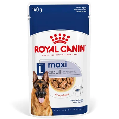 Royal Canin maxi adult gravy-salsa, 140 g. Koiranruoka aikuisille suurille roduille (L, yli 15 kk). Kuvassa annospussi, saksanpaimenkoira ja ruokapaloja kastikkeessa.