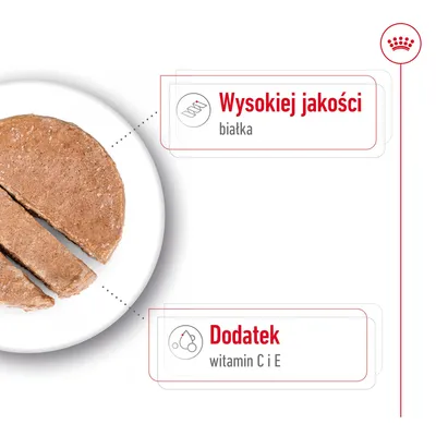 Wysokiej jakości białka, dodatek witamin C i E – tekst na grafice obok kawałków karmy na talerzu.