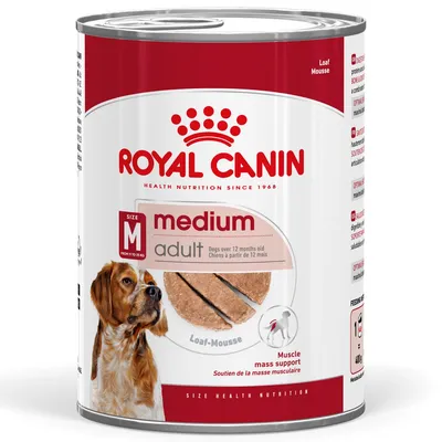 Royal Canin medium adult Loaf-Mousse hondenvoer, voor honden vanaf 12 maanden, blik van 400 g, afbeelding hond en producttext: muscle mass support, size M (11–25 kg).