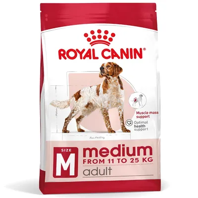 Royal Canin medium adult hundefoder, størrelse M, fra 11 til 25 kg. Tekst: Muscle mass support, Optimal health support. Billede af mellemstor voksen hund på posen.