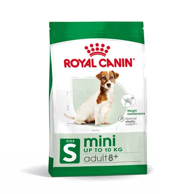 Confezione Royal Canin mini size S, up to 10 kg, adult 8+, Weight maintenance, Optimal vitality support. Immagine di un cane seduto sulla confezione.
