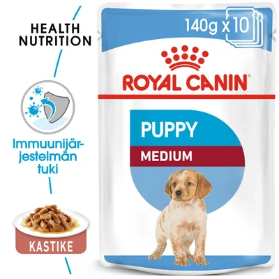 Royal Canin Puppy Medium kastike, 140 g x 10. Immuunijärjestelmän tuki. Kuvassa pentukoira ja annos kastikeruokaa. Royal Canin Puppy Medium kastike, 140 g x 10. Immuunijärjestelmän tuki. Kuvassa pentukoira ja annos kastikeruokaa.