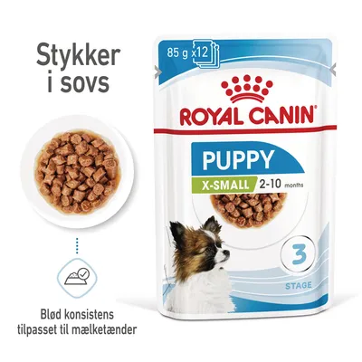 ROYAL CANIN PUPPY X-SMALL 2–10 months, 85 g x12. Stykker i sovs. Blød konsistens tilpasset til mælketænder. Billede af vådfoder og lille hund. ROYAL CANIN PUPPY X-SMALL 2–10 months, 85 g x12. Stykker i sovs. Blød konsistens tilpasset til mælketænder. Billede af vådfoder og lille hund.