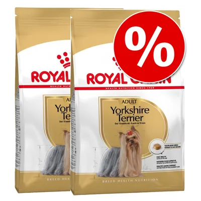 Royal Canin Adult Yorkshire Terrier száraz kutyatáp, két csomag, elöl nagy piros százalékjel akciós jelzéssel. Csomagon: Yorkshire Terrier kép és angol nyelvű információk.