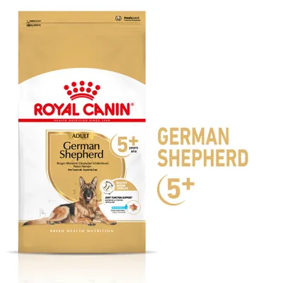 Royal Canin Adult German Shepherd 5+ krmivo pre nemeckého ovčiaka od 5 rokov, viditeľný pes na obale, text: Healthy Ageing Complex, Joint Function Support, obrázok granúl.